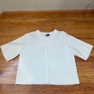 Womens White Ribbed Short Sleeve Button Front Cardigan Sweater Size Medium